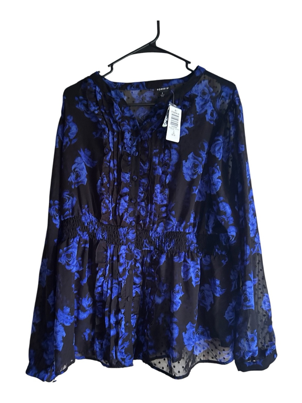 Torrid 1X 14-16 Black and Blue Floral Smocked Waist Long Sleeve Blouse